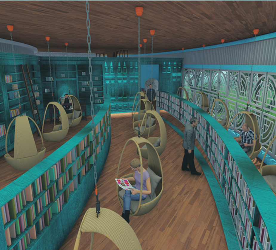 The swing library pairs curved bookshelves with suspended seating for a relaxed reading experience.