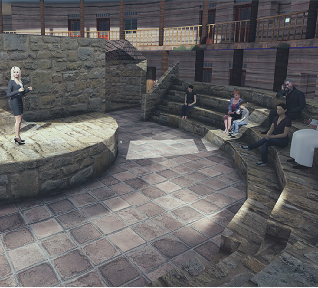 An intimate performance courtyard creates a communal gathering space within the accommodation block.