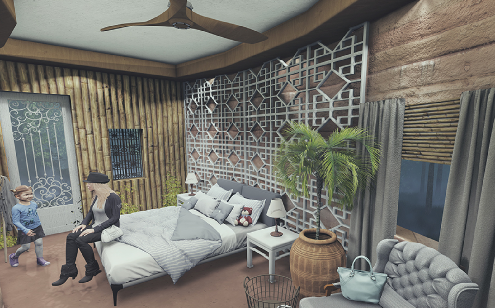 Natural bamboo, patterned screens, and earthy finishes shape a warm, climate-responsive bedroom interior.