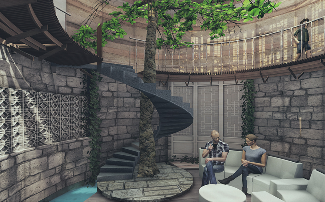 A biophilic living space integrates stone, water, vegetation, and a sculptural staircase around an existing tree.