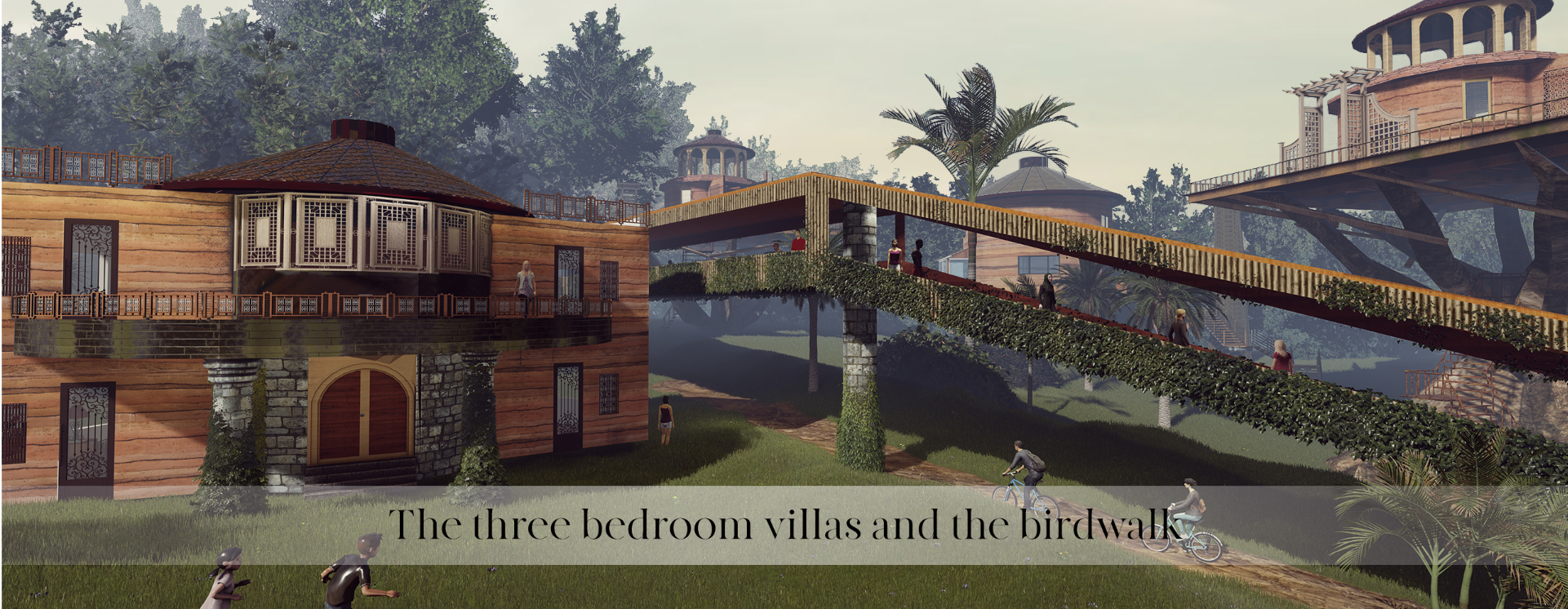 Three-bedroom villas connect with elevated birdwalks, cycling paths, and the surrounding tropical landscape.