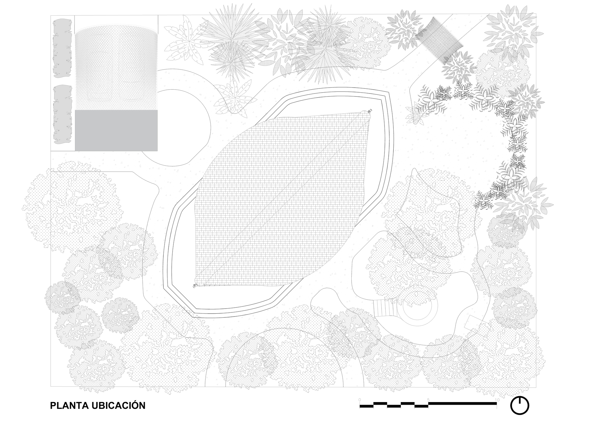 Site plan drawing showing a pentagonal building footprint surrounded by landscaped areas and tree clusters