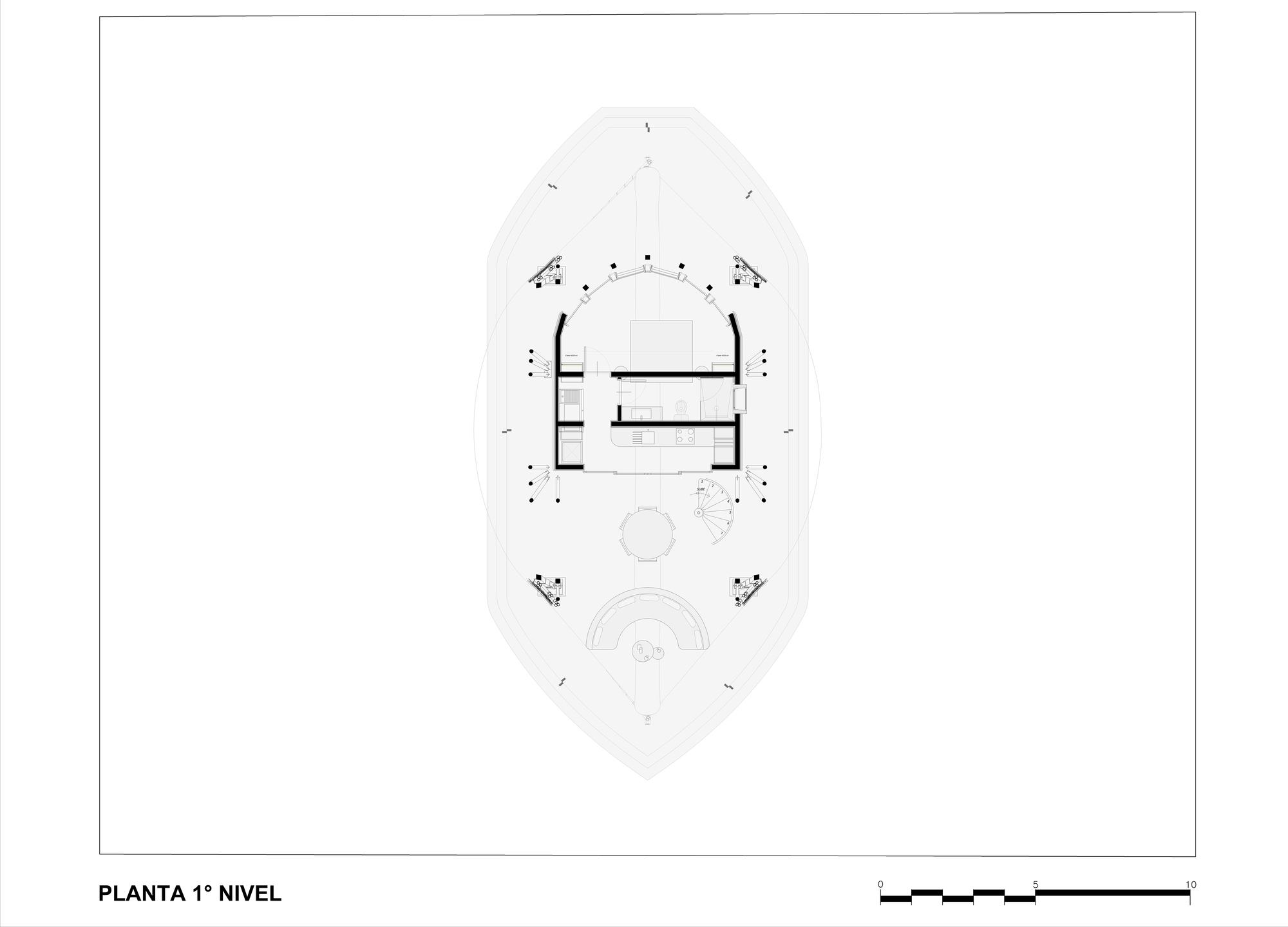 First level floor plan showing interior partition walls within a pentagonal perimeter and circular stair