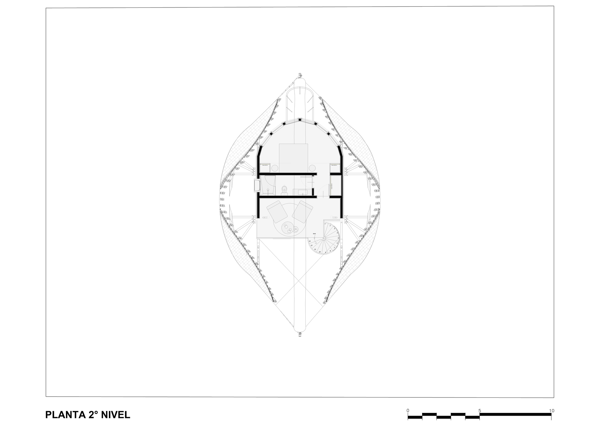 Second level floor plan revealing the diamond-shaped roof outline extending beyond the interior walls
