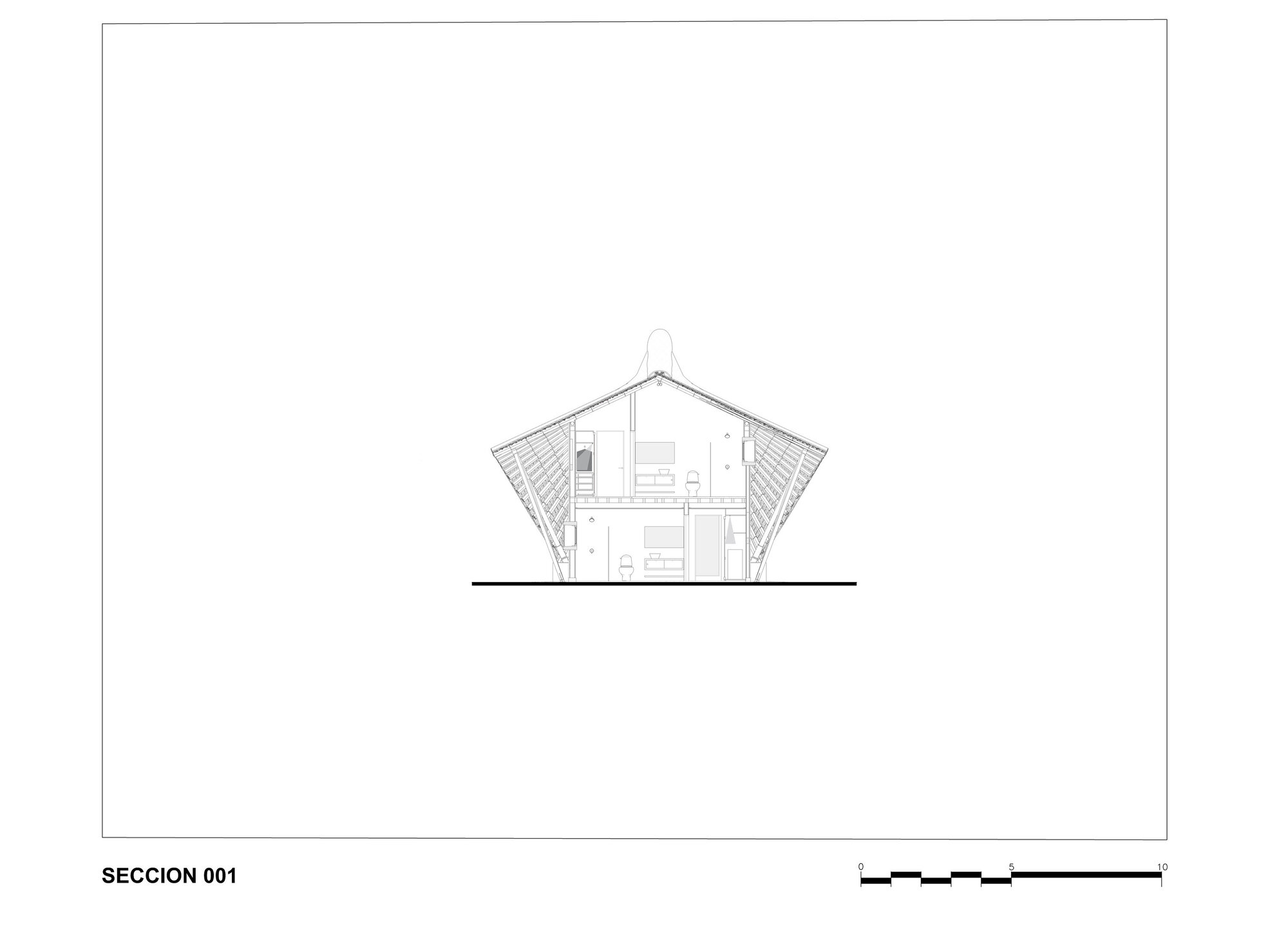 Section drawing depicting the two-story interior with symmetrical sloping roof extending to lateral wings