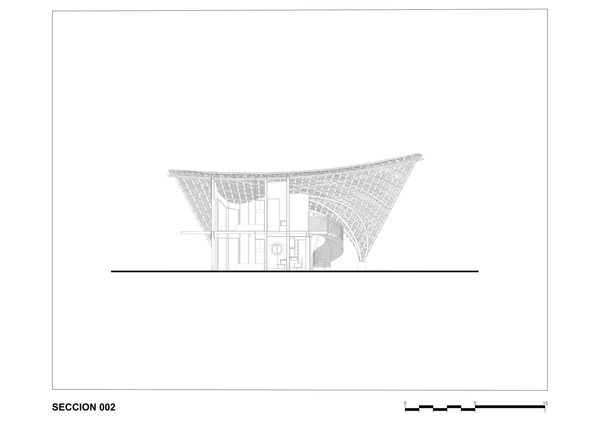 Section drawing showing the lattice roof structure cantilevering over the recessed interior volumes and curved stair