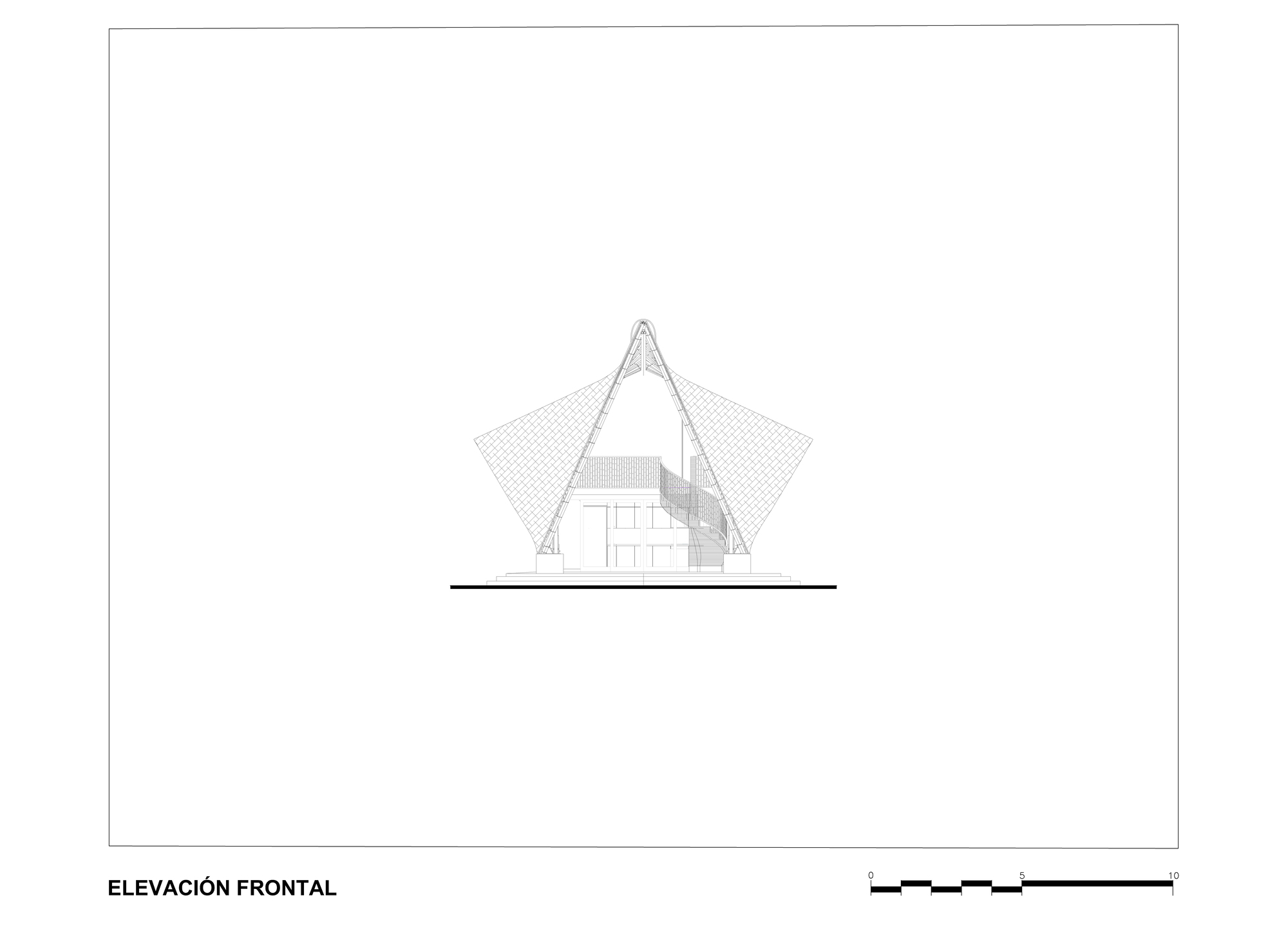 Front elevation drawing illustrating the pointed roof silhouette with symmetrical sloping planes and central glazing