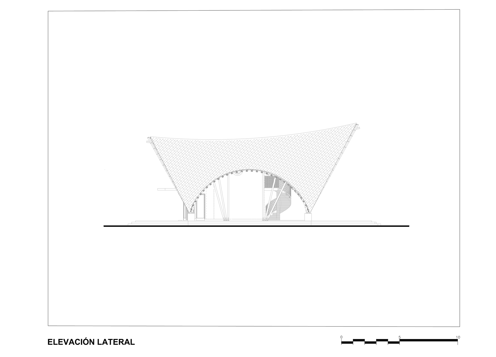 Lateral elevation drawing depicting a tensile canopy roof structure with arched openings below