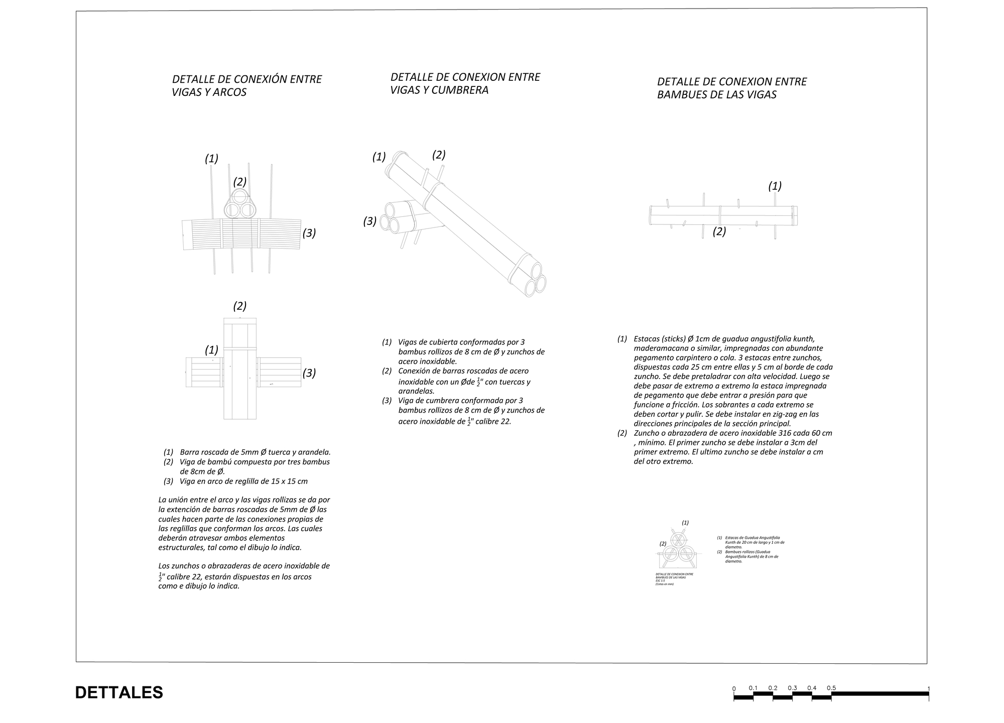 Construction detail drawings showing connections between beams, arches, and bamboo roof elements with annotations