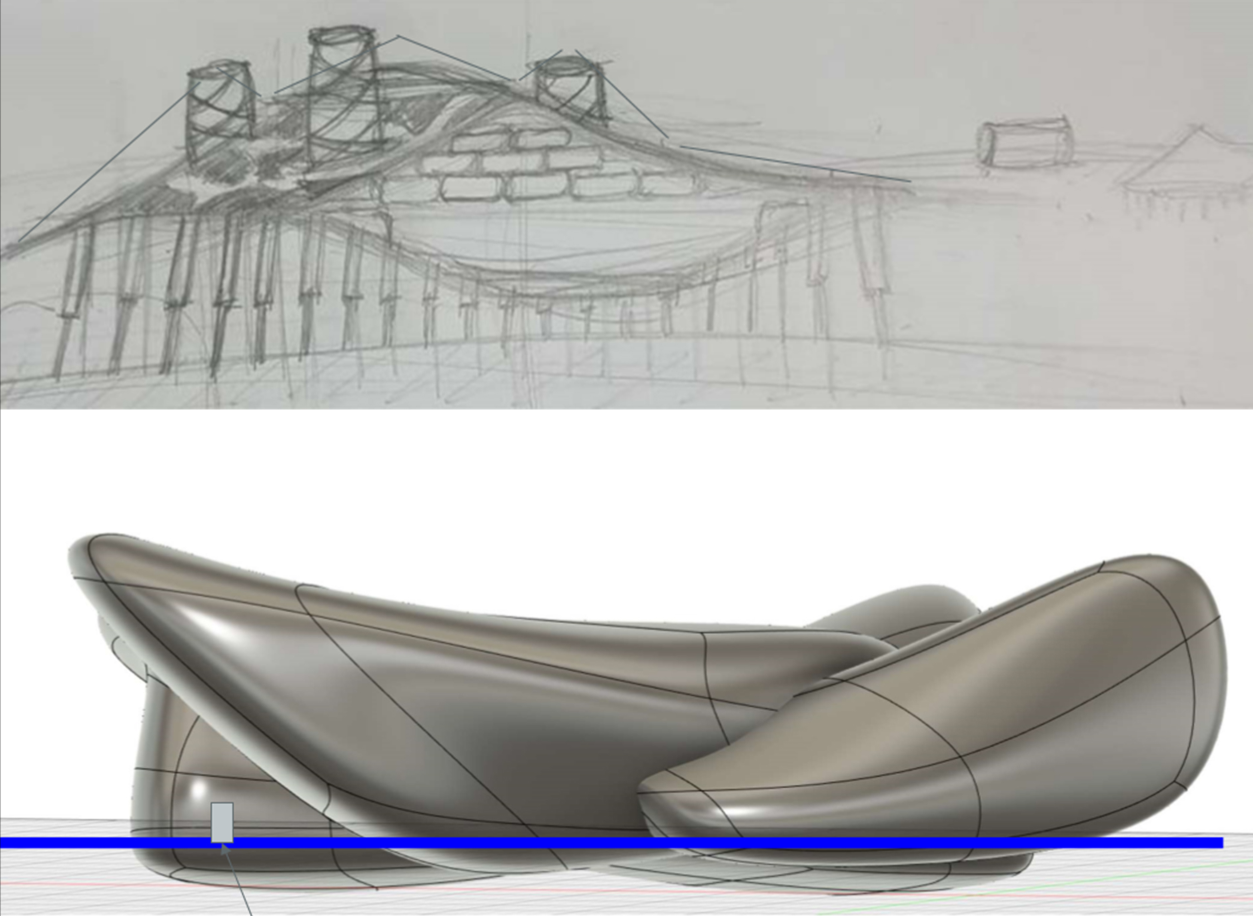 Form-development study translating early sketches into a smooth, biomorphic architectural mass.