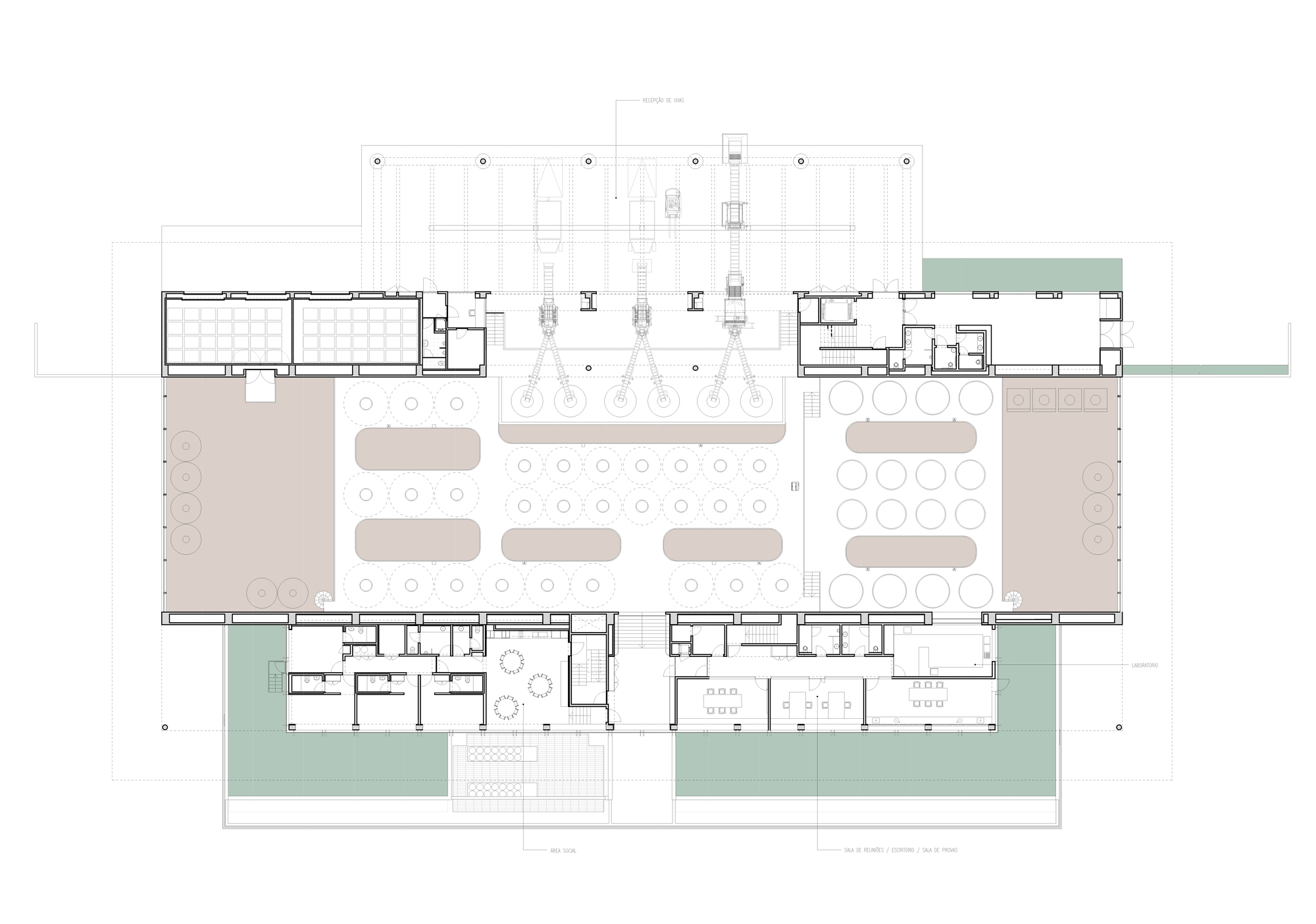 Floor plan drawing showing dining spaces with flanking terrace areas in green and central service core