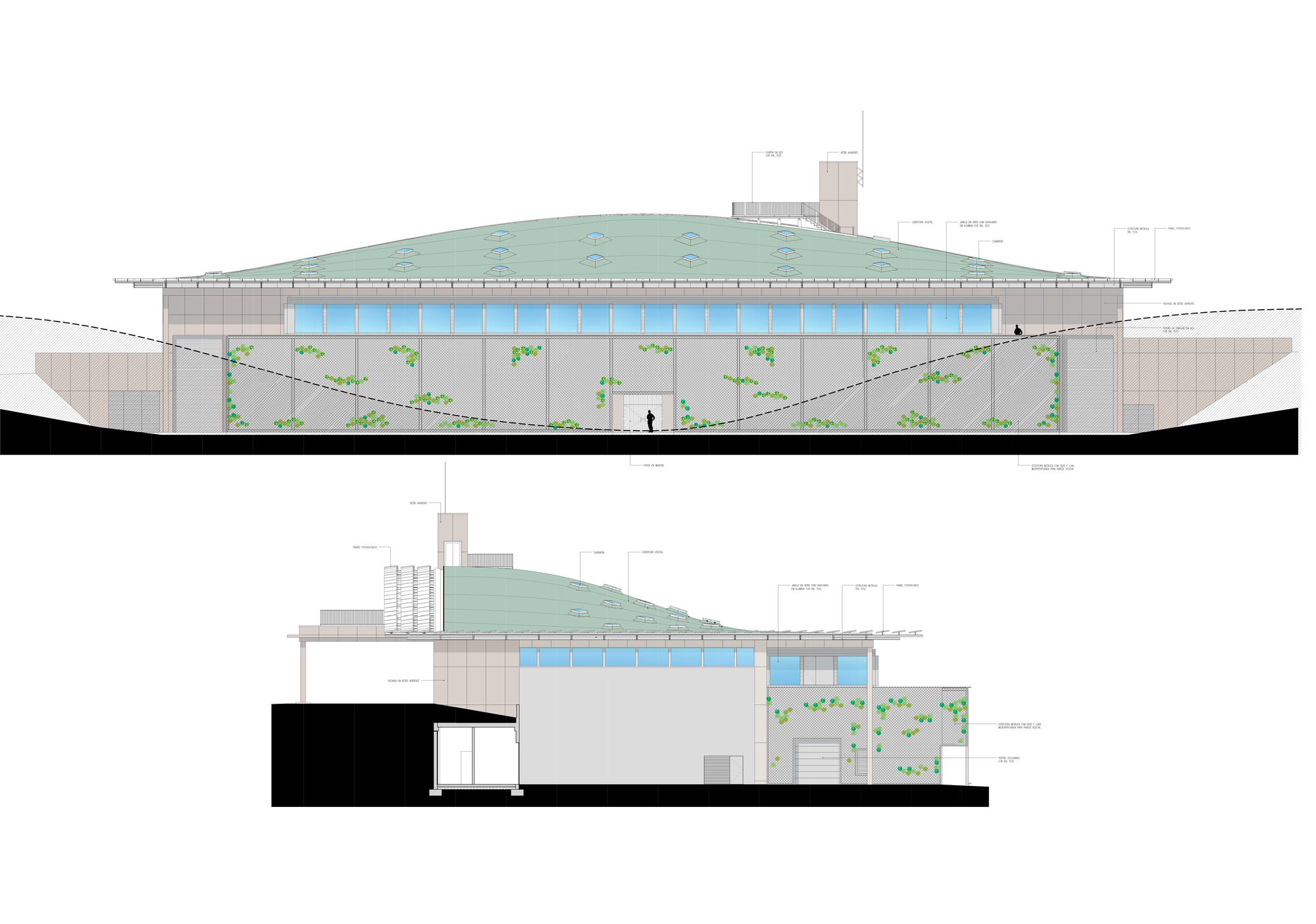 Elevation and section drawings showing the planted facade with clerestory windows and sloping roof