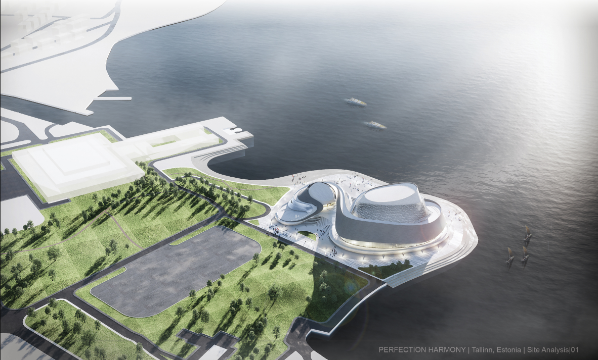 Aerial view of Perfect Harmony connecting Tallinn’s waterfront, landscape, and sculptural opera volumes.