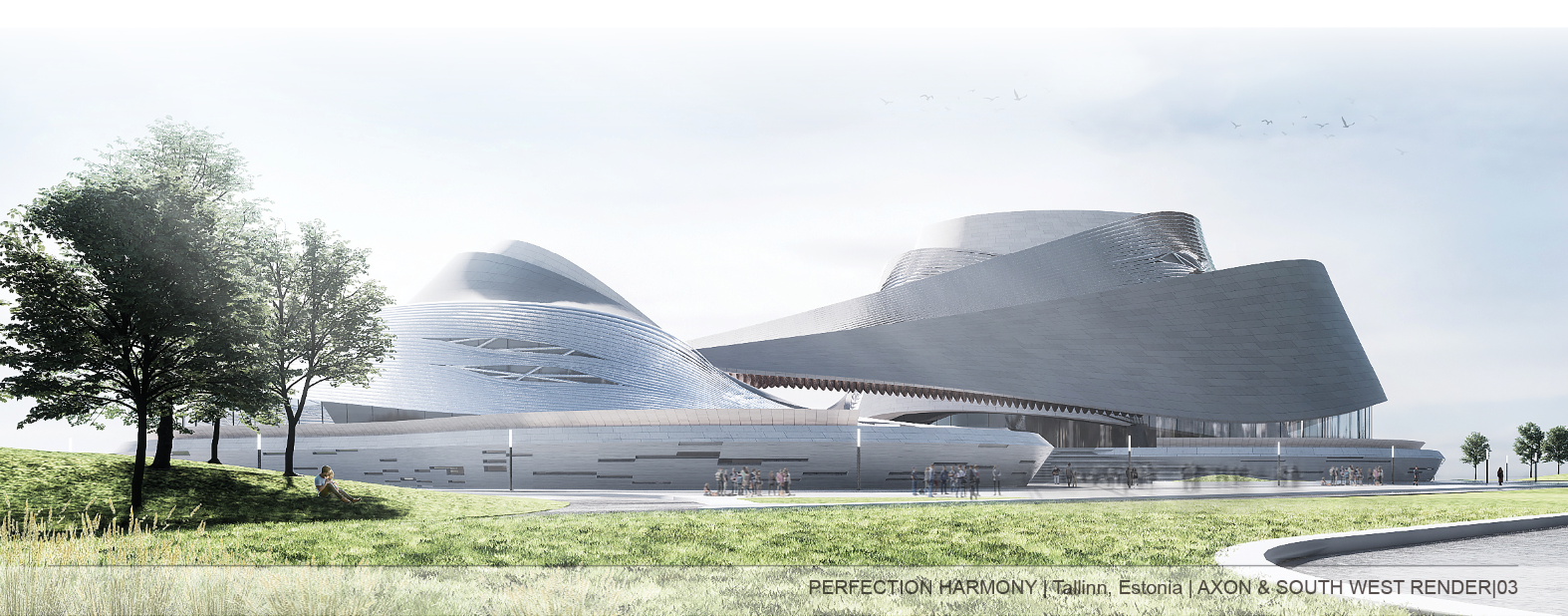 Fluid architectural forms rise from the landscape, shaping a contemporary cultural landmark by the sea.