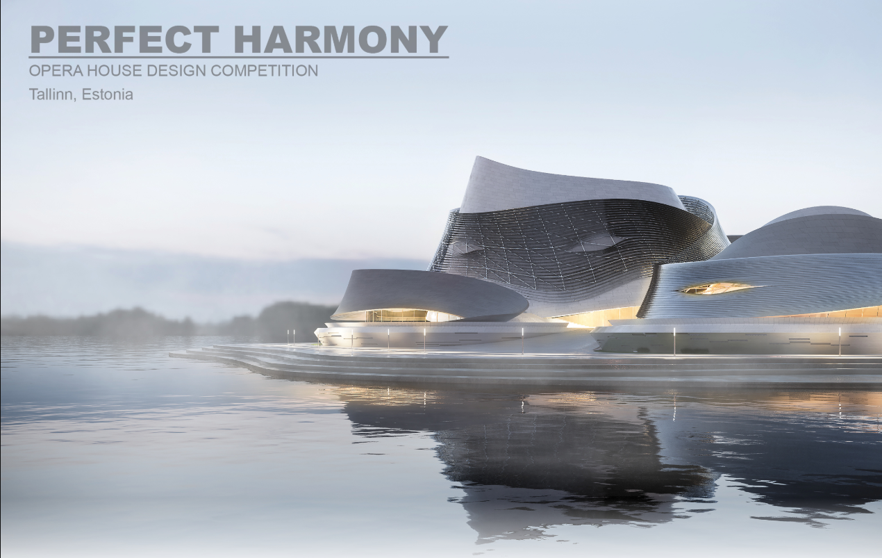 Waterfront view highlighting the opera house’s flowing ribbon facade and reflective coastal setting