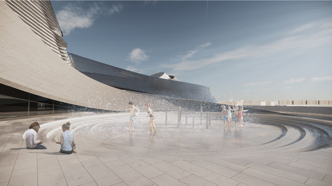 A playful public plaza integrates water, seating, and architecture into an active social space.