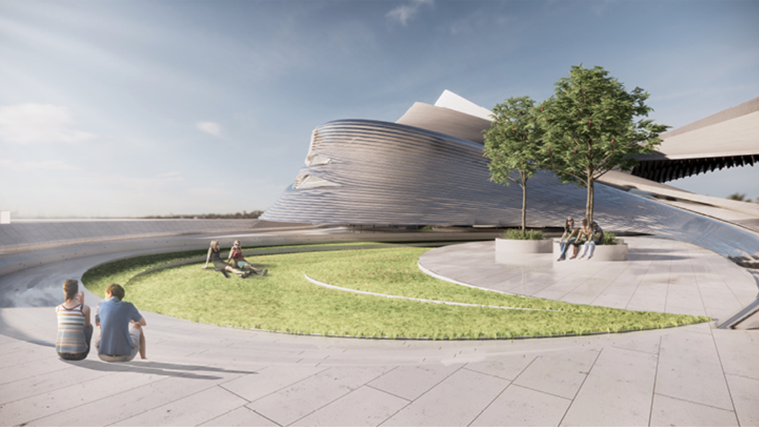 Landscaped pocket spaces provide intimate areas for relaxation within the sculptural opera complex.