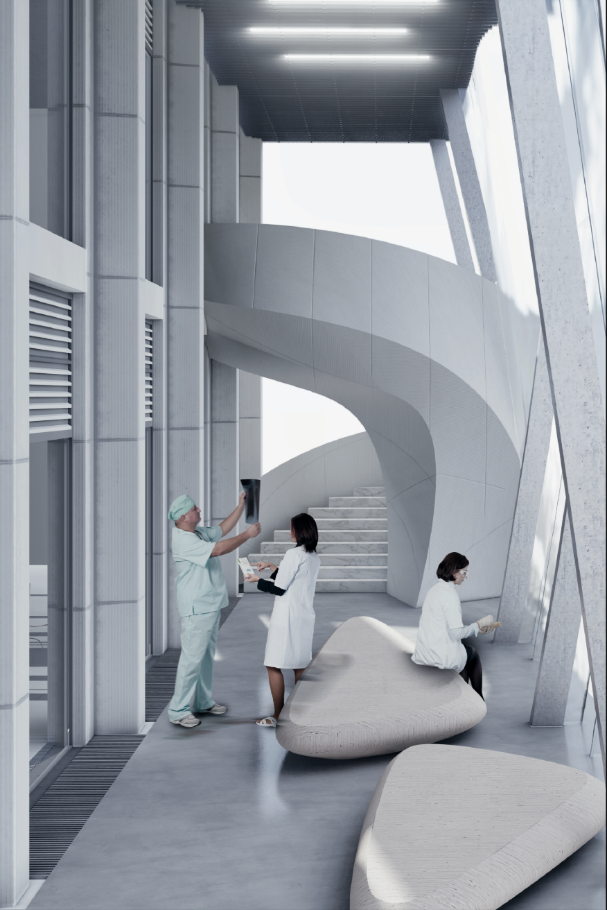 A light-filled clinical corridor connects medical spaces with sculptural seating and a curved circulation core.