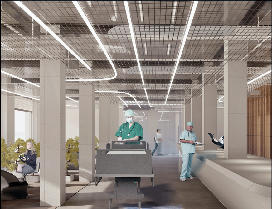 An open hospital floor combines flexible treatment areas, integrated lighting and clearly organised staff circulation.