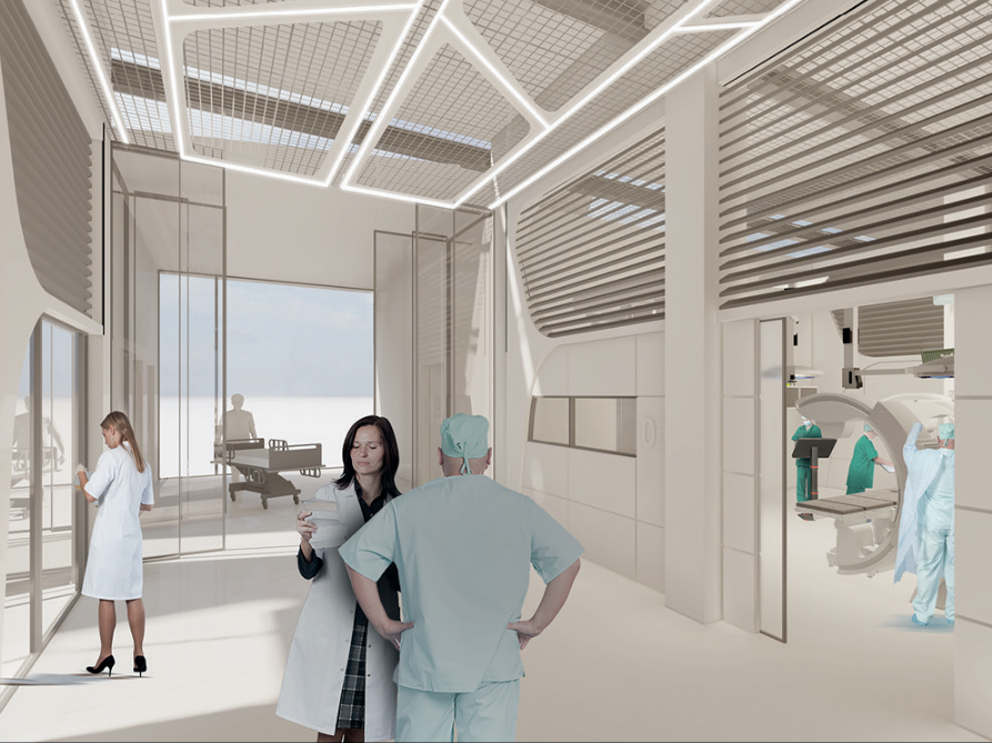 A controlled clinical environment uses glazed partitions, filtered daylight and efficient access to diagnostic equipment.