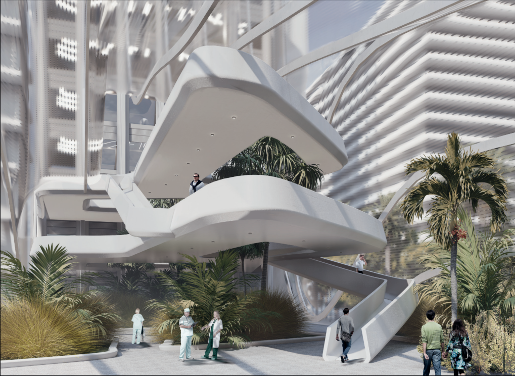 Landscaped atriums and flowing walkways introduce restorative greenery into the vertical healthcare complex.