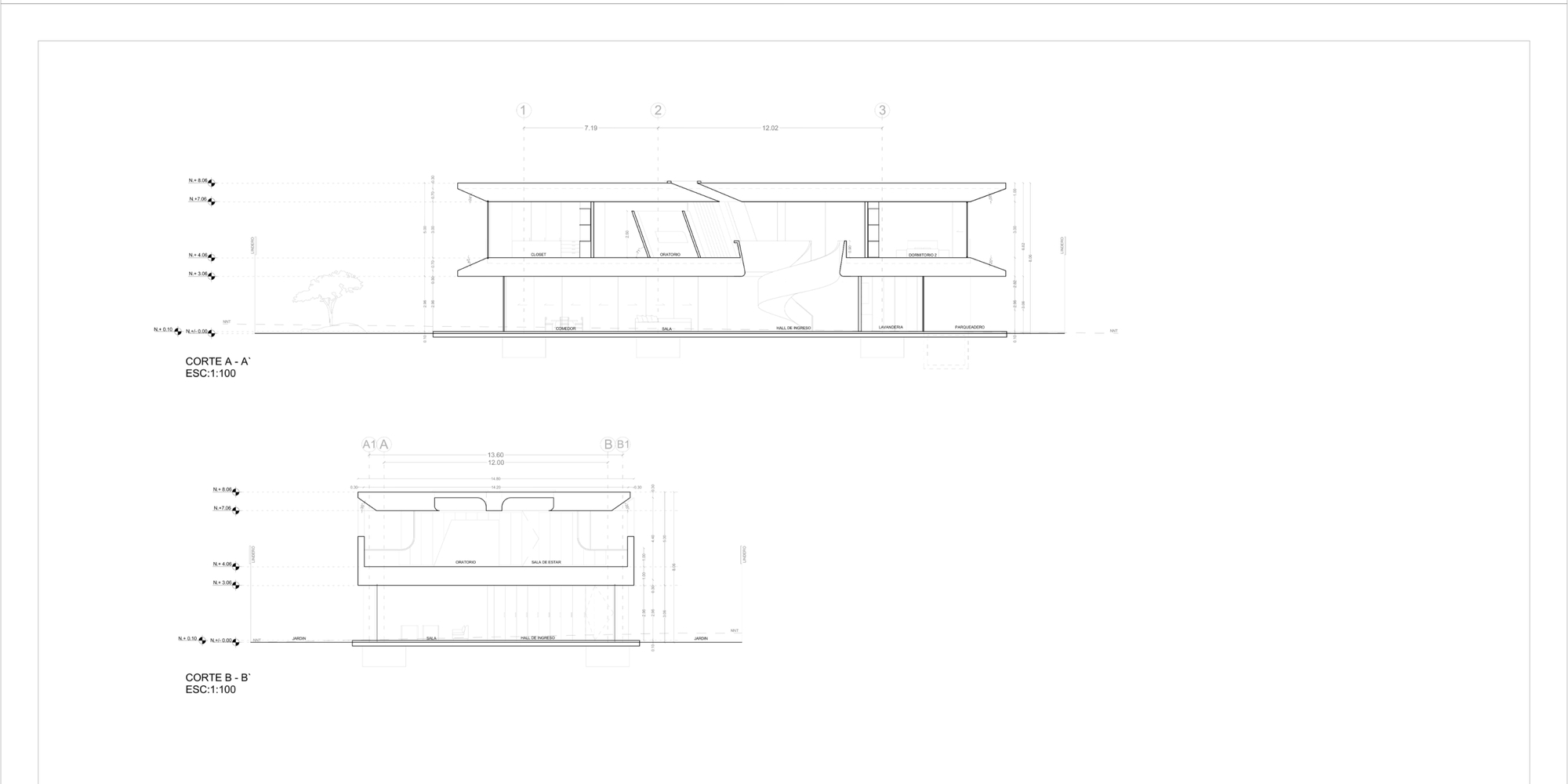 Section drawings showing the two-story interior volumes with sloped roof and central circulation