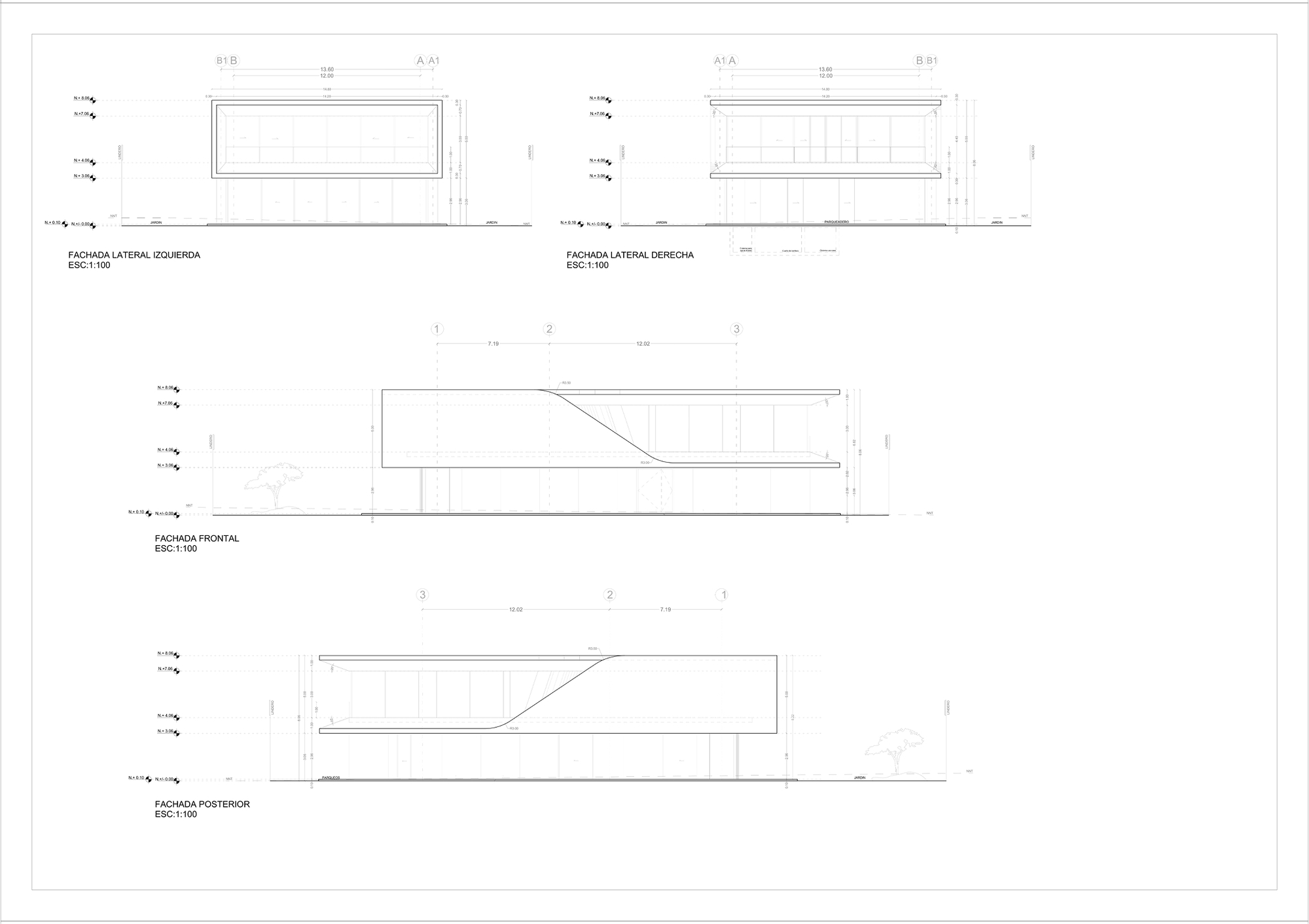 Elevation drawings of all four facades showing diagonal ramps connecting interior levels