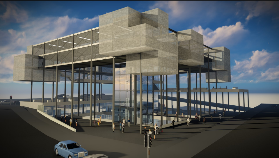 The exposed structural grid and suspended volumes express an adaptable architectural system built for transformation.