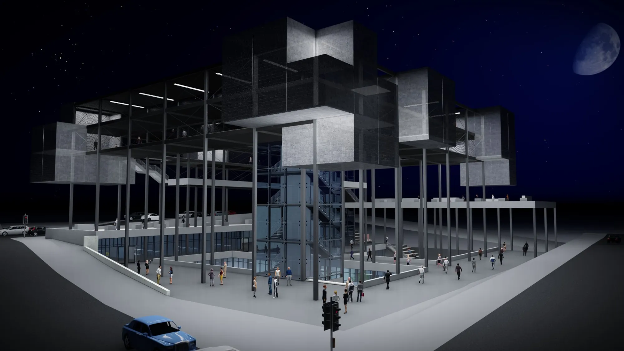 Elevation studies reveal a modular façade designed to evolve with changing spatial and technological needs.