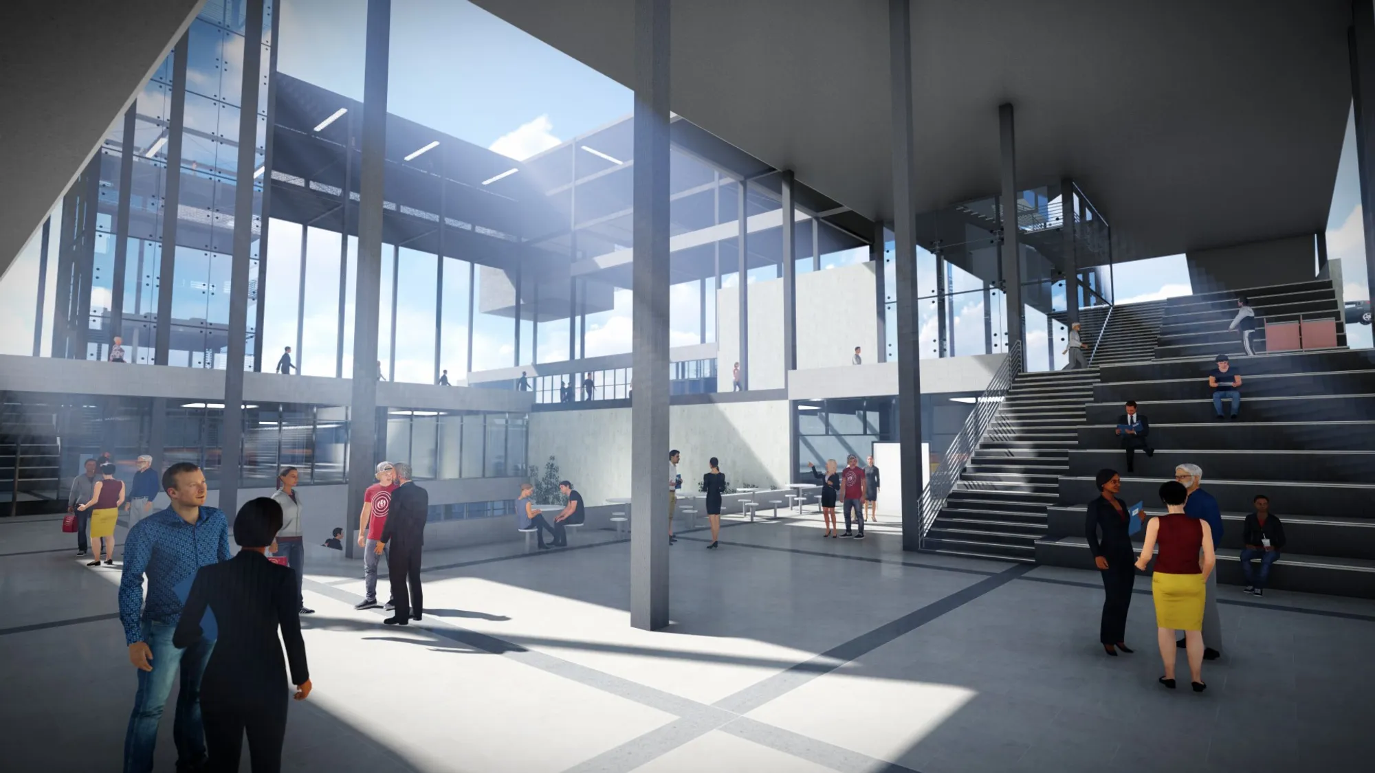 Open circulation routes connect flexible levels, reinforcing movement and interaction throughout the adaptive structure.