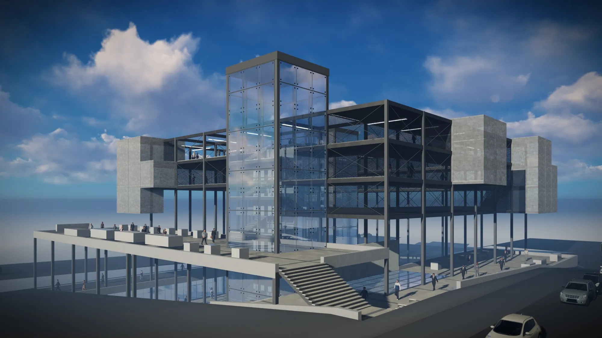 An aerial view shows the project as a flexible structural matrix capable of receiving changing programs over time.