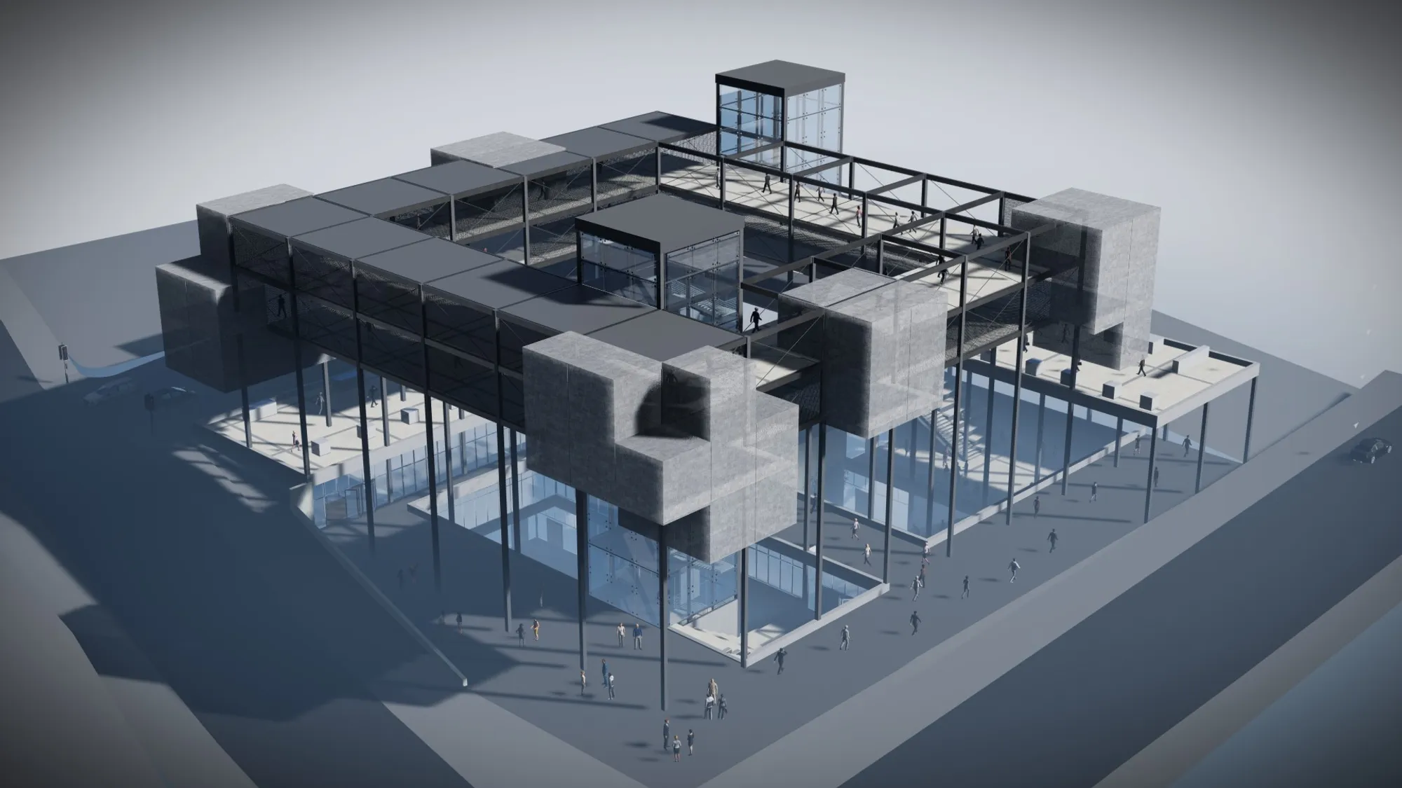 A transparent circulation tower anchors the modular framework while maintaining visual connections across multiple levels.