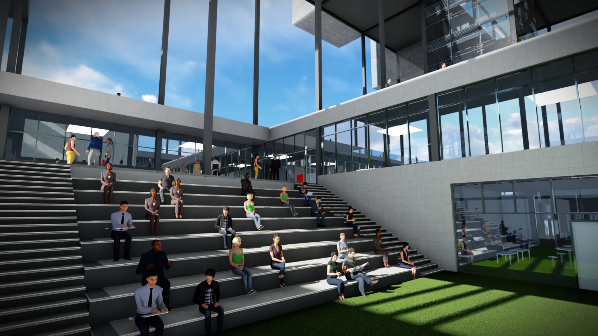 Stepped communal seating transforms the interior into a social space for gathering, exchange, and everyday interaction.