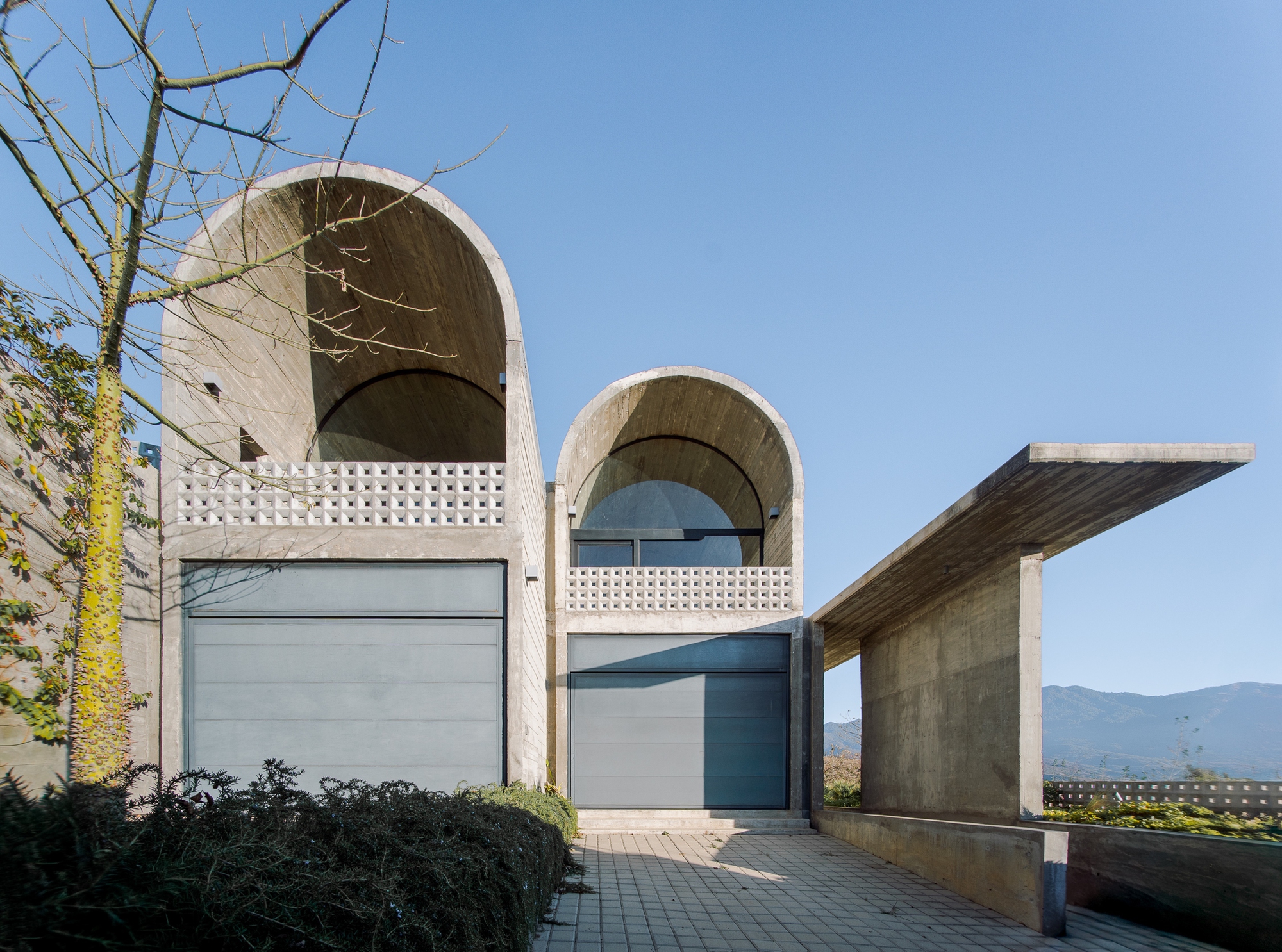 Concrete facade with barrel-vaulted volumes and perforated screen panels beside a bare tree under clear sky