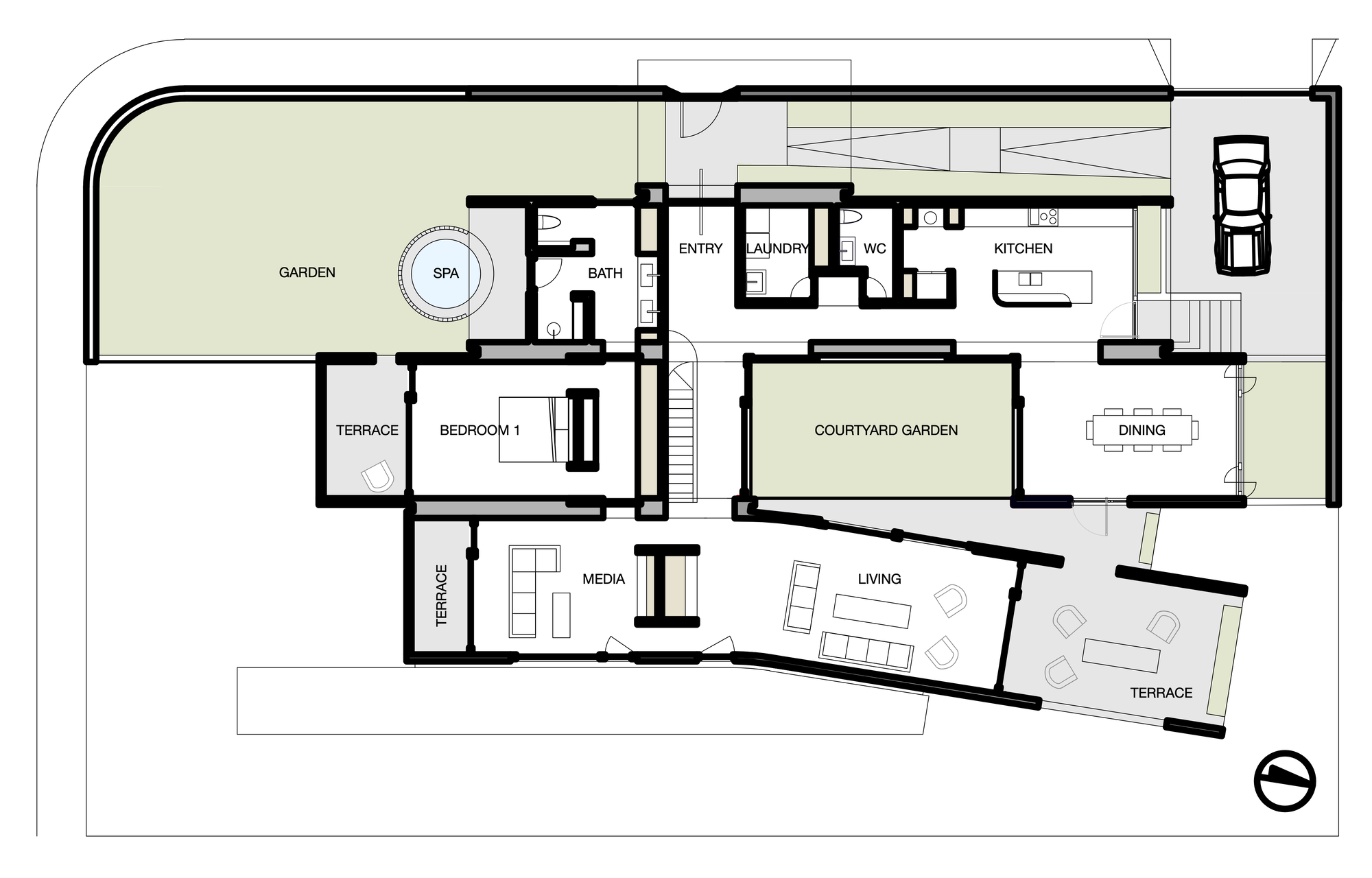 Floor plan drawing showing living spaces and courtyard garden radiating from a central stair core
