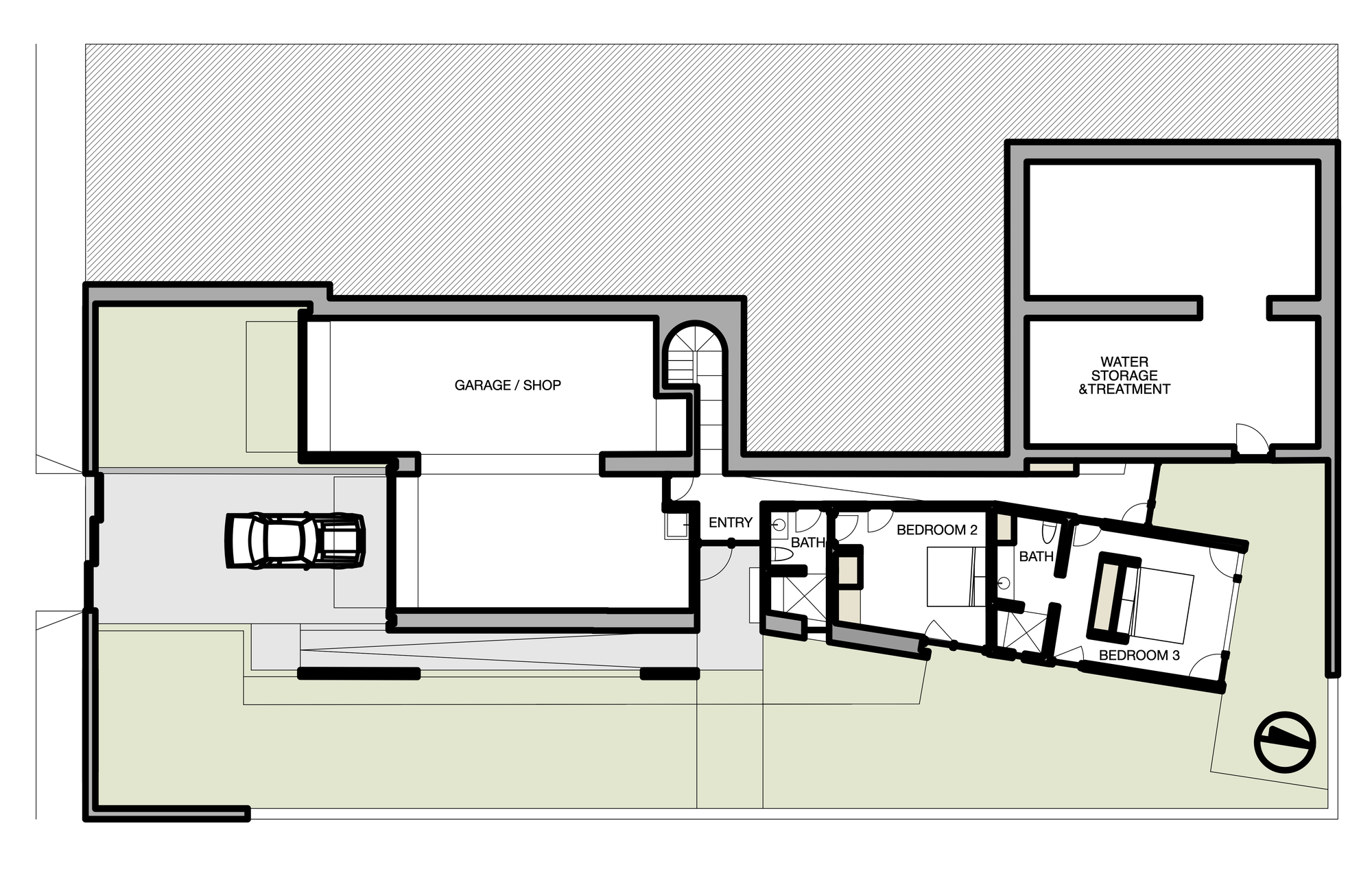 Floor plan drawing showing garage and two bedrooms connected by an entry hall