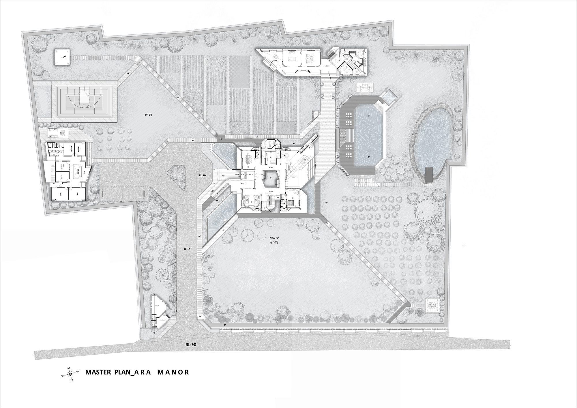 Master plan drawing showing a residence with central courtyard, pool and surrounding landscaped gardens