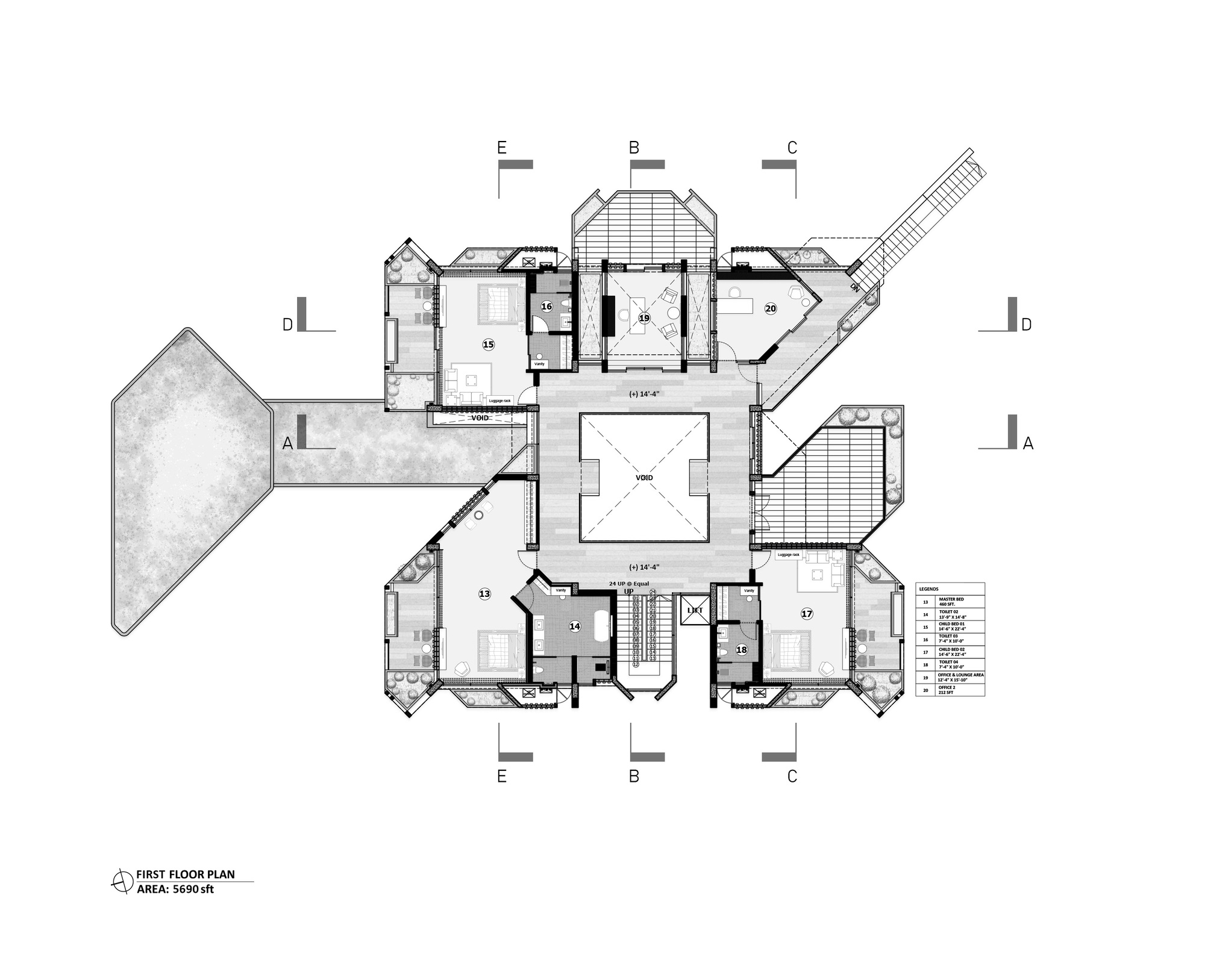 First floor plan drawing showing bedrooms and terraces surrounding a central double-height void