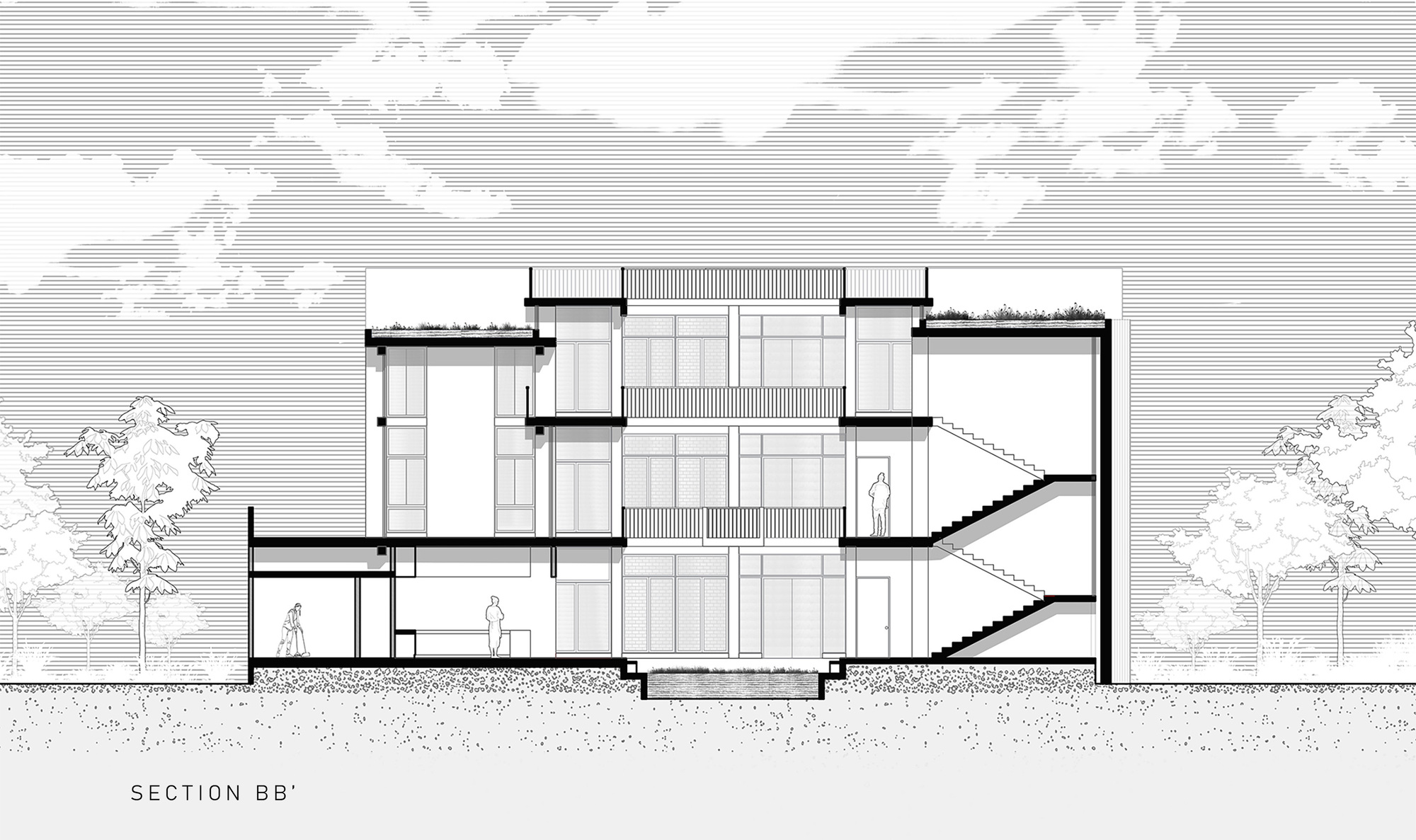 Section drawing showing a three-story volume with a diagonal staircase and double-height central space