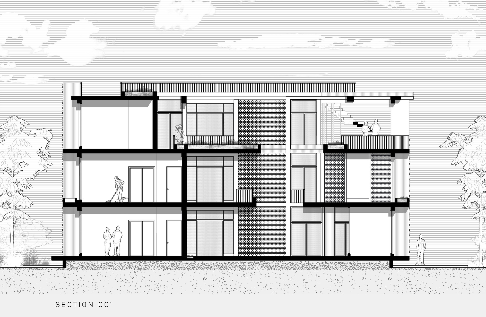 Section drawing depicting a three-story facade with patterned screens and flanking trees