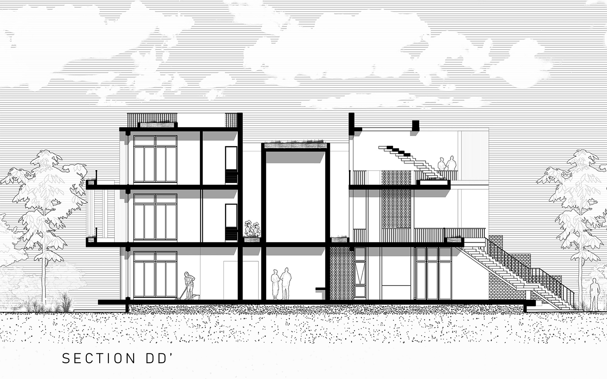 Section drawing illustrating staggered floor plates connected by an external stair and tree at grade
