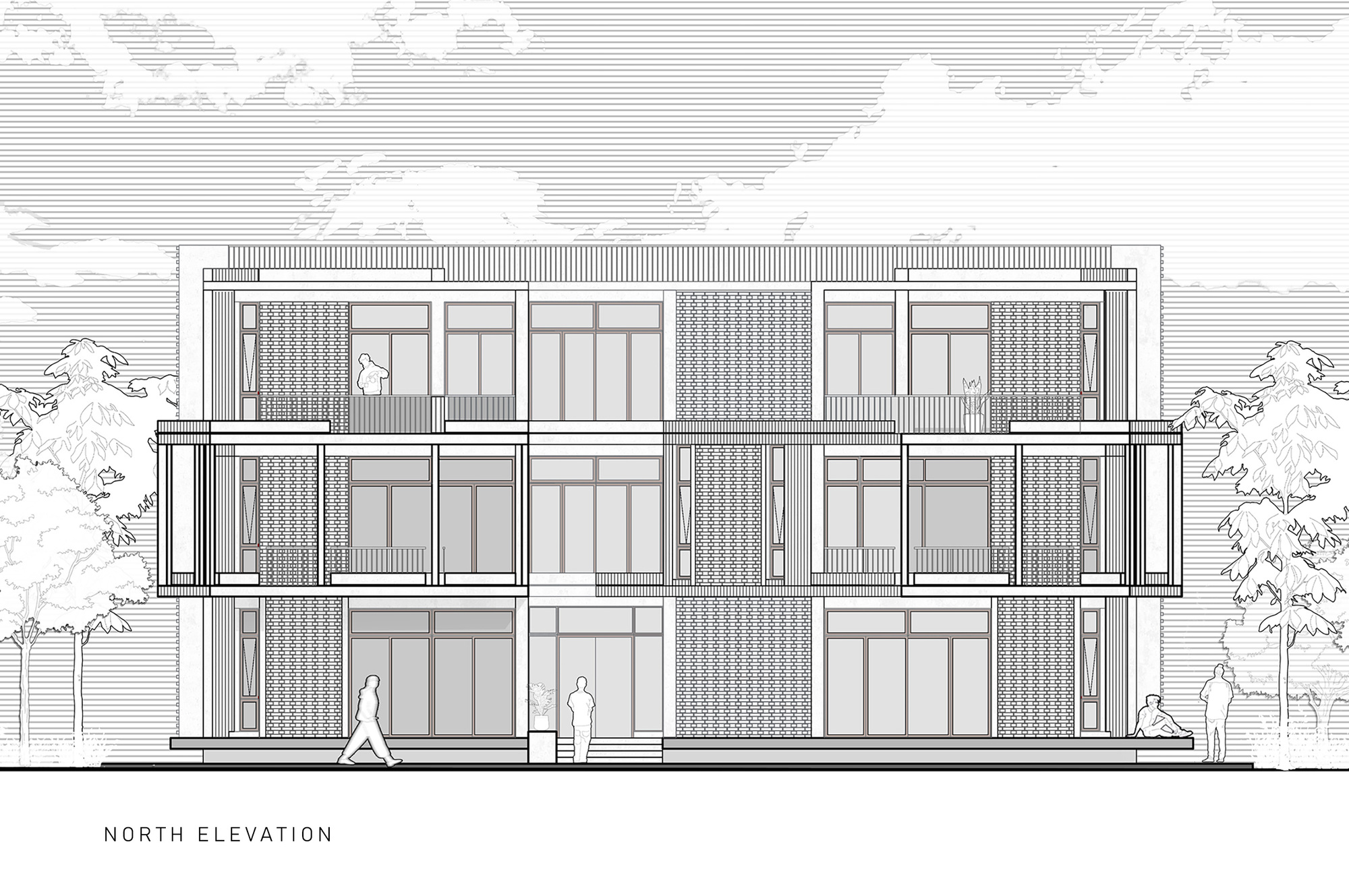 North elevation drawing showing alternating glazed openings and textured panel sections with pedestrian figures below