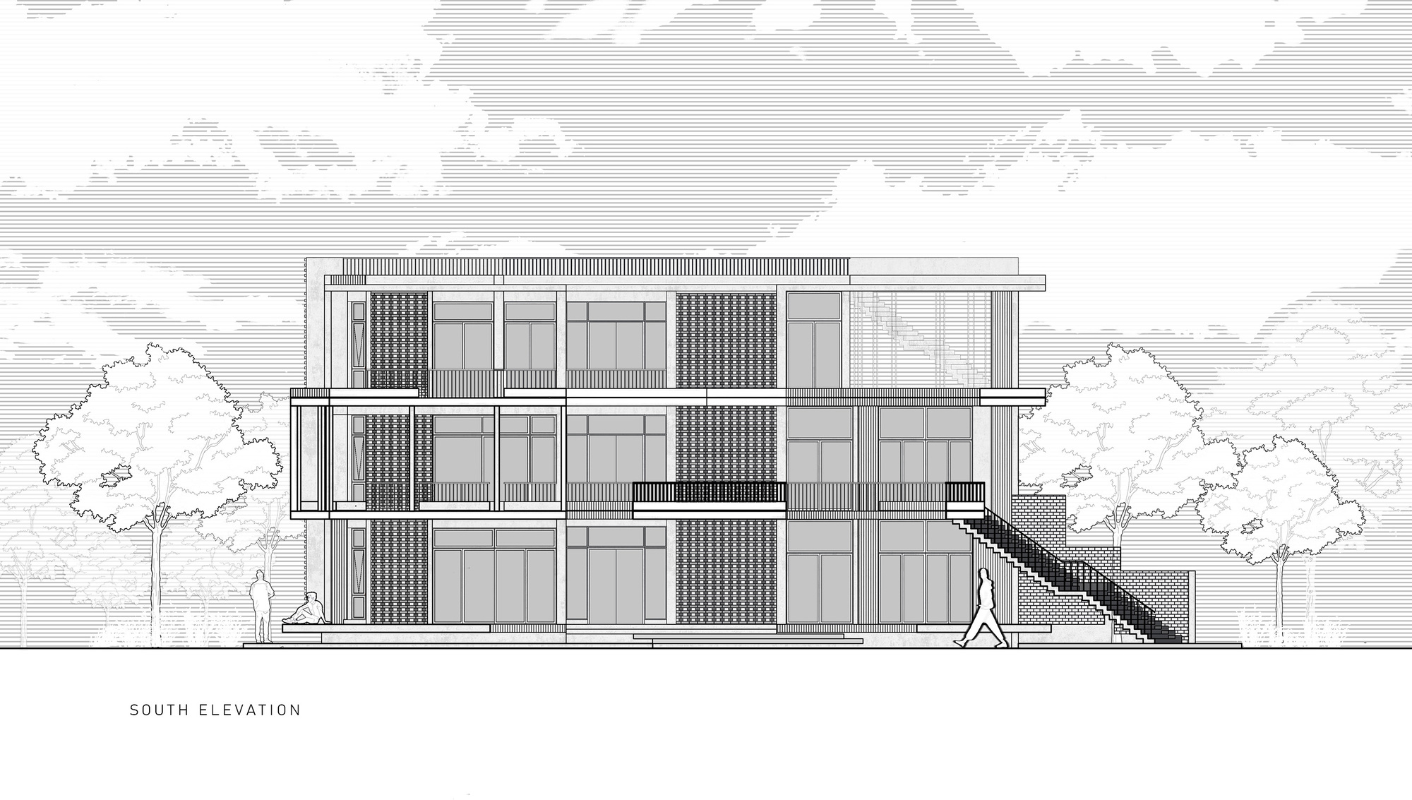South elevation drawing featuring vertical louvered screens between glazed bays and an external staircase