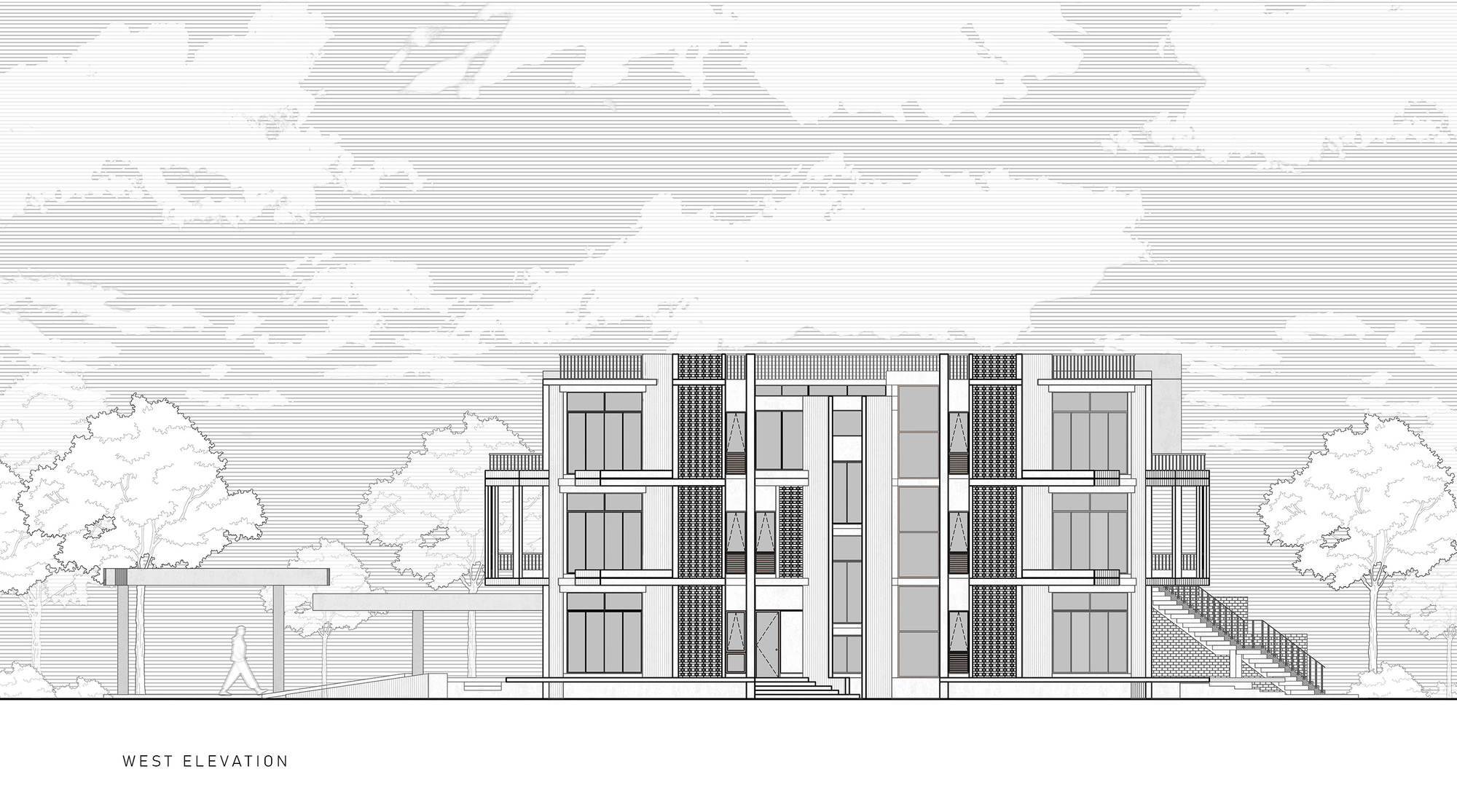 West elevation drawing with recessed balconies and vertical screening elements flanked by mature trees