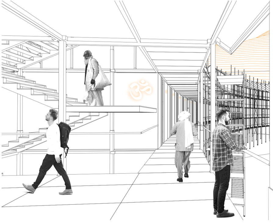 Perspective sketch showing interior corridor with exposed structural frame and people walking through sunlit space