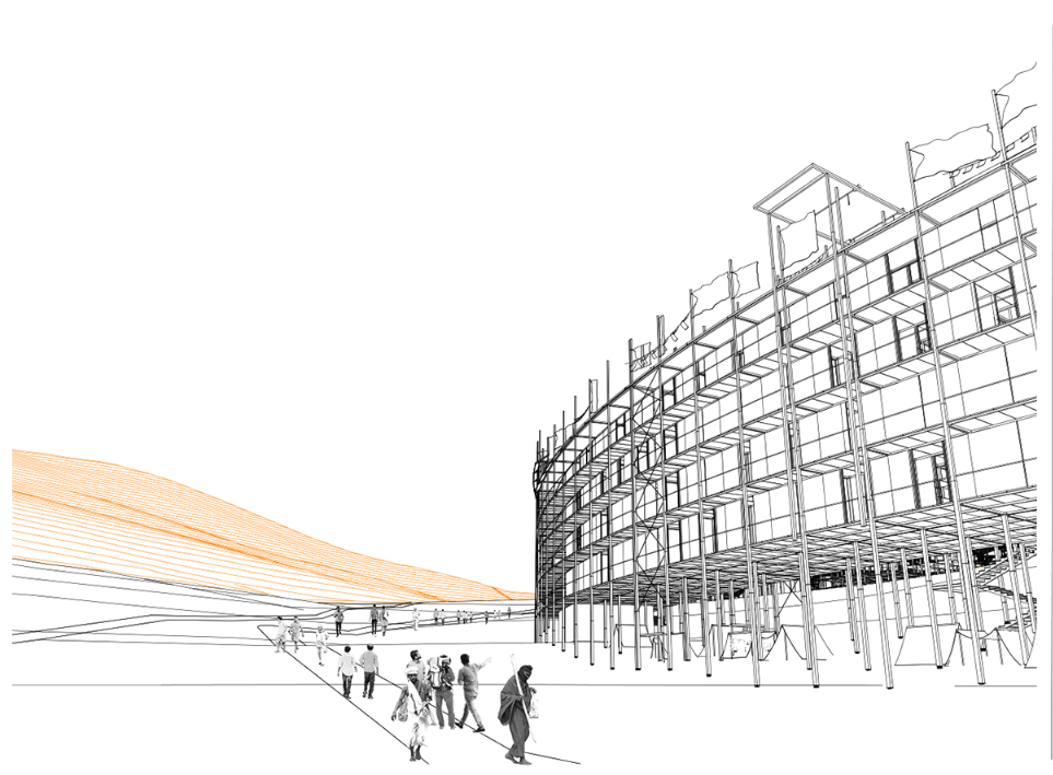 Perspective sketch of exposed scaffolding structure with figures gathered below a sloped roof element