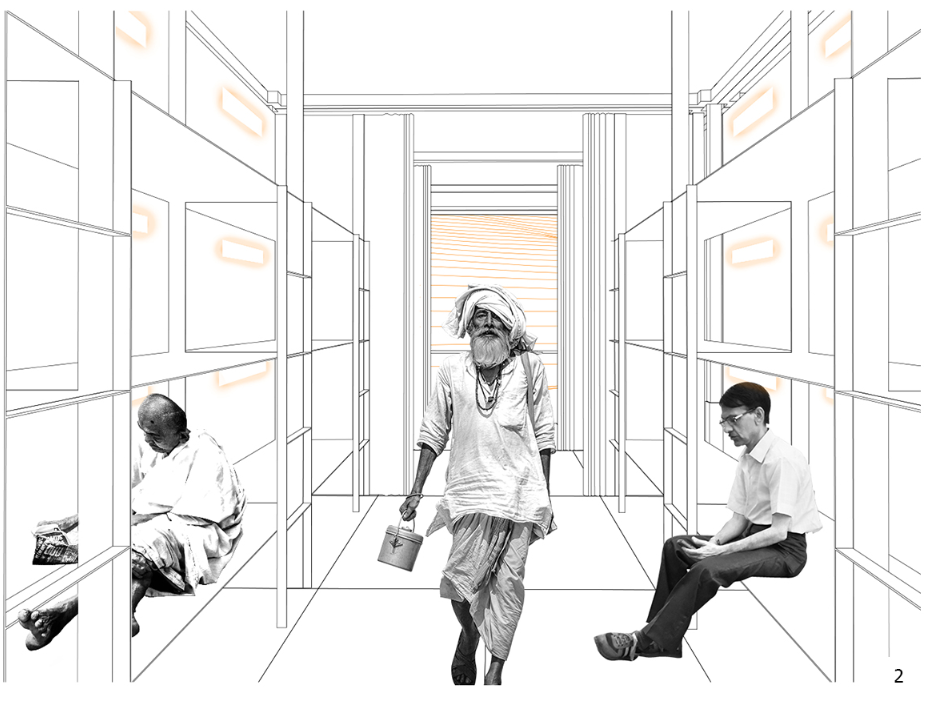 Interior perspective sketch of narrow corridor with three people and framed wall openings on both sides