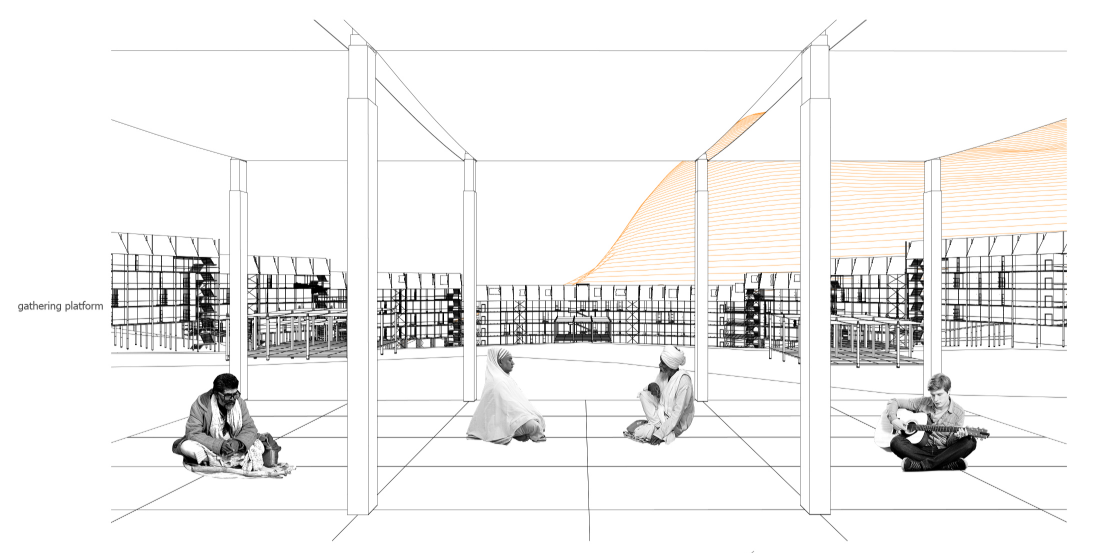 Interior perspective sketch showing open space with people seated on floor and scaffolding visible beyond the columns