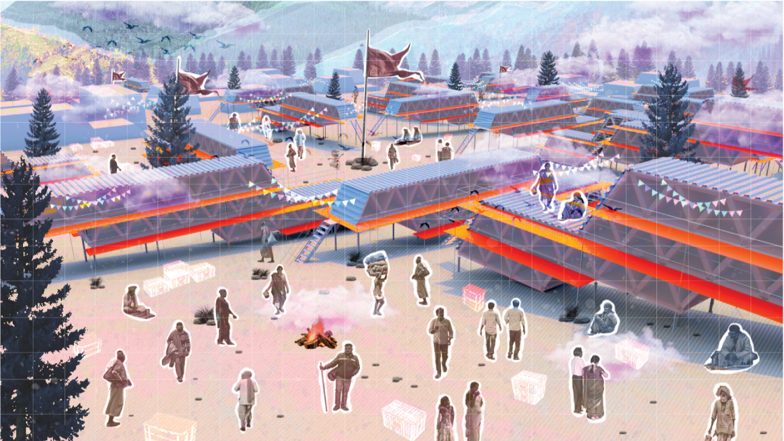 Ground-level view showing striped pavilion roofs, walking figures and evergreen trees in misty light