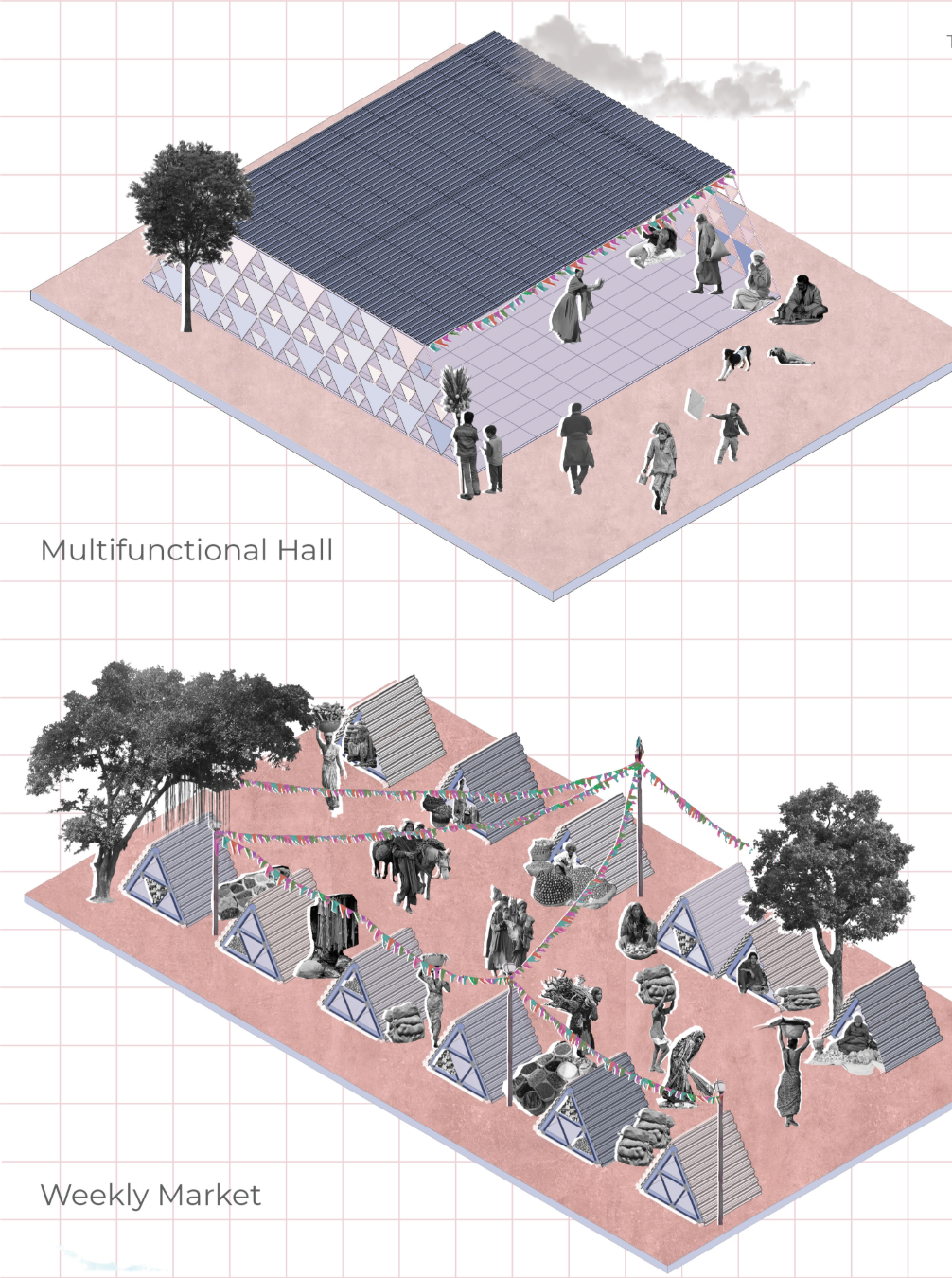 Isometric drawing comparing a single enclosed hall above with a dispersed market of small stalls below